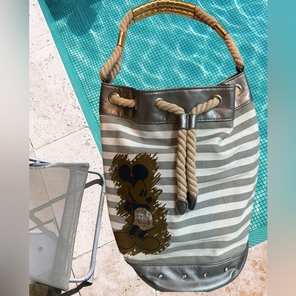 Disney Handbags - DISNEY MICKEY MOUSE CANVAS SILVER & CREAM RHINESTONE ROPED STRAP TOTE BUCKET BAG